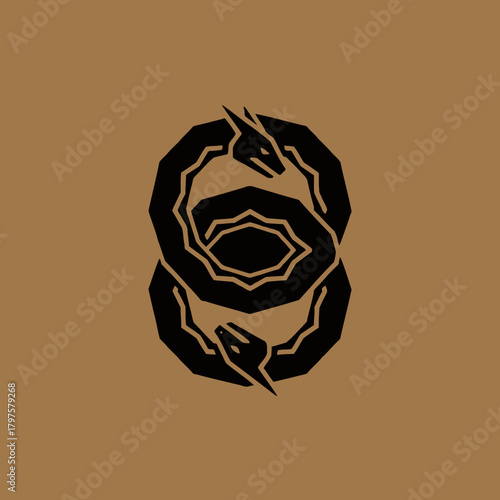 A stylized black ouroboros symbol, depicting two dragons consuming each other in a continuous loop, on a brown background.