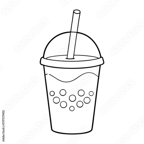 A fun boba bubble tea coloring page showing a smiling cup filled with chewy pearls, a wide straw on top, and playful details that invite creativity and vibrant coloring.
