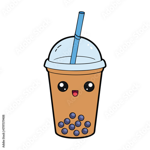 Boba bubble tea in a clear cup with a bold straw, filled with sweet milk tea and chewy tapioca pearls swirling at the bottom, creating a fun, refreshing sip every time.
