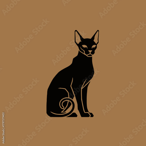 Stylized black silhouette of a sitting Egyptian cat with a curled tail on a brown background.