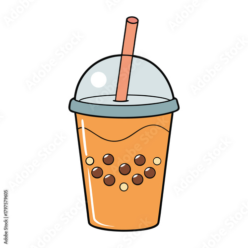 Boba bubble tea in a clear cup with a bold straw, filled with sweet milk tea and chewy tapioca pearls swirling at the bottom, creating a fun, refreshing sip every time.
