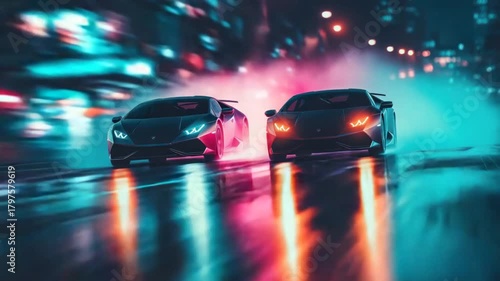 Two sleek sports cars race on a neon-lit road at night, lights reflecting on the wet pavement