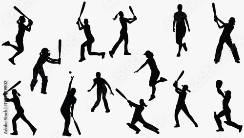 Dynamic vector silhouettes of female baseball and softball players in action, capturing the spirit and energy of women's sports with powerful athletic poses