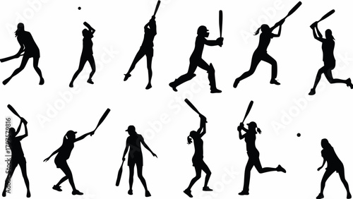 Dynamic silhouettes showcase women's softball and baseball players swinging bats, pitching, and catching, perfect for sports team branding and athletic designs