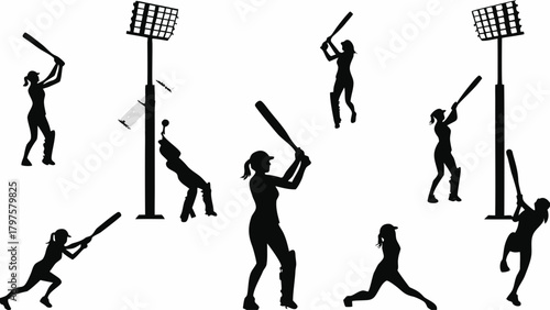 Dynamic cricket game silhouettes in action, perfect for sports promotions, team branding, or energetic designs with a modern, sporty feel and competitive spirit