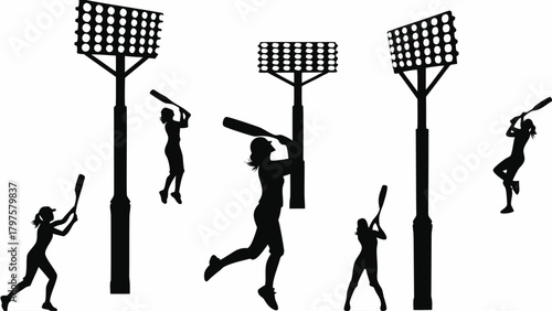 Dynamic silhouettes of women playing softball under stadium lights, showcasing teamwork, skill, and energy, perfect for sports marketing and team spirit designs