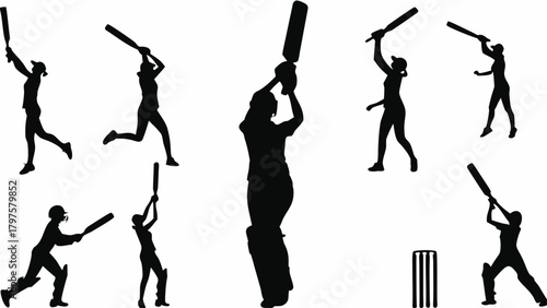 Dynamic cricket silhouettes action poses, women's league sports team in motion, competitive spirit, batting, bowling, fielding excitement, competitive cricket