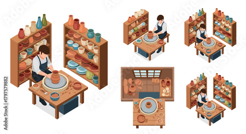 Engaging pottery studio isometric illustrations showing artisan crafting clay vases and colorful ceramic art for creative design projects