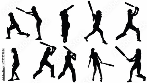 Dynamic collection of cricket player silhouettes poised for action, capturing the energy and focus of the sport in sleek, modern design, originally a vector graphic