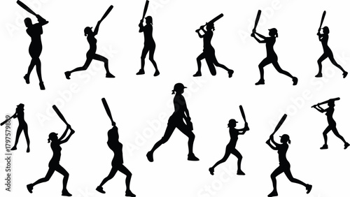 Dynamic silhouettes of female softball players swinging bats, perfect for sports teams, athletic brands, or empowering women's initiatives, originally a scalable graphic