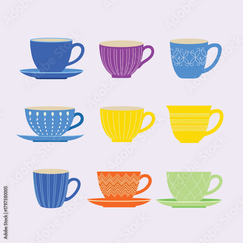 A delightful collection of nine colorful ceramic teacups and saucers arranged in a three by three grid.