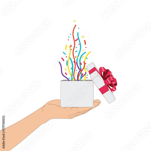 A hand opens a gift box with colorful confetti exploding outwards from within.