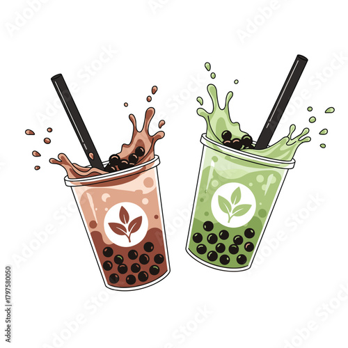 Two delicious bubble tea drinks splashing with flavor and tapioca pearls.
