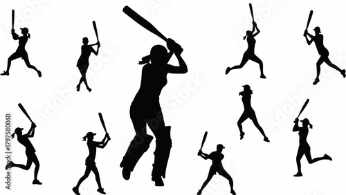 Dynamic silhouettes of female cricket players in action, perfect for sports branding, fitness promotions, and athletic team designs, originally created as vector art