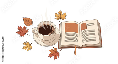 An open book lies next to a steaming cup of coffee, surrounded by colorful autumn leaves on a white background.