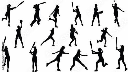 Dynamic baseball and softball players in action silhouettes, perfect for sports teams, athletic programs, and energetic designs, showcasing skill and movement