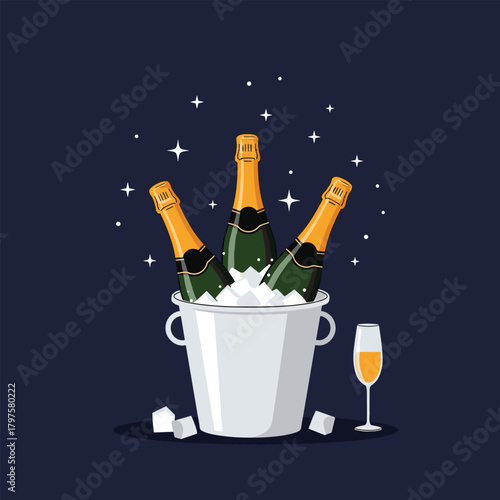 Sparkling celebration with three chilled champagne bottles in an ice bucket and a glass of bubbly.