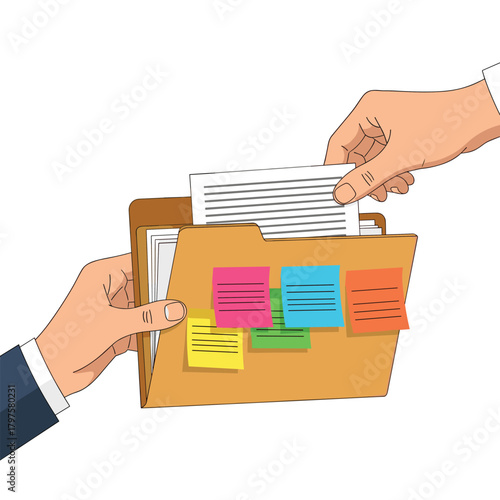 Two hands exchanging documents and notes inside a folder illustration.