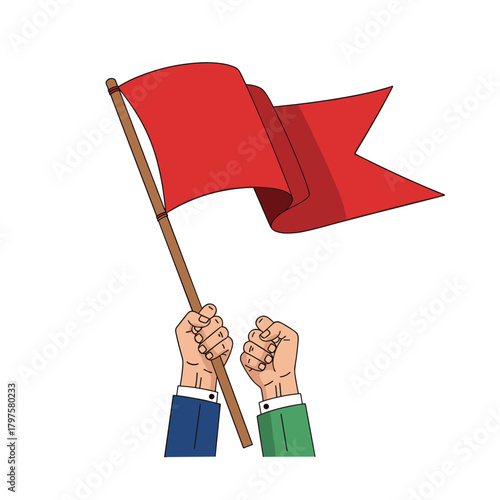 Two hands hold a flag pole raising a waving red flag high up in the air.