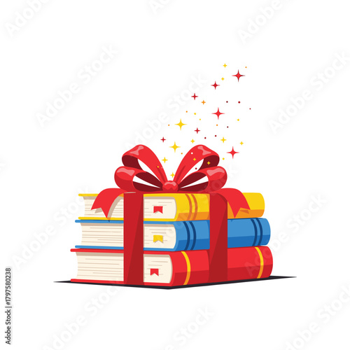 A stack of colorful books tied with a bright red ribbon and a festive bow signifying a special gift.