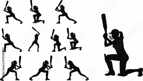Dynamic silhouette of a female cricket player ready to strike, embodying strength, focus, and athletic prowess, perfect for sports branding and empowerment campaigns