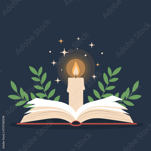 An open book bathed in the warm glow of a candle surrounded by mystical elements and leafy branches.