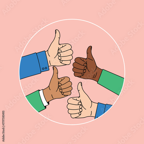 Four diverse hands giving a thumbs up sign of approval and agreement in a circle.