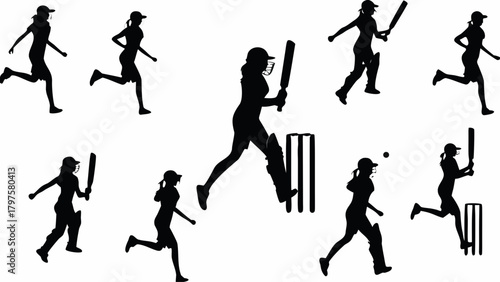 Dynamic silhouettes of female cricket players in action, showcasing athleticism and teamwork in a sports design, ideal for team branding and sporty themes