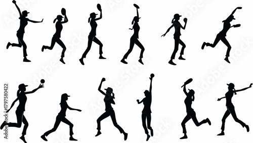 Dynamic silhouettes of softball players showcase athleticism and teamwork, ideal for sports marketing and team spirit campaigns, originally created as vector art