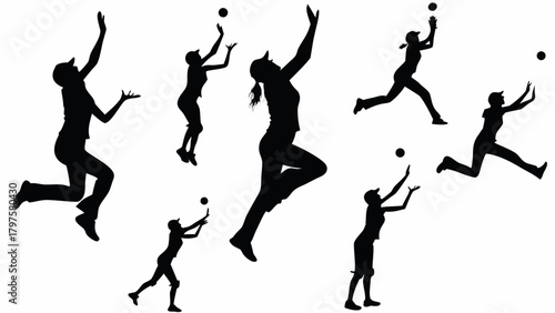 Dynamic volleyball action silhouettes, women athletes in motion, conveying energy and teamwork, perfect for sports branding and promotional materials, vector origin