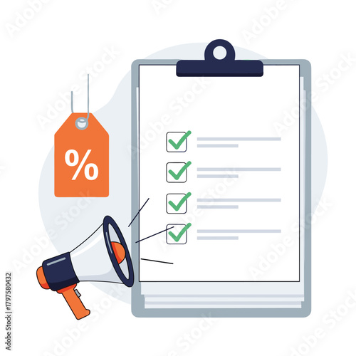 Promotional checklist with discount tag and megaphone symbolizing marketing campaign success.