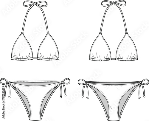 Triangle bikini top and bottom swimwear template, detailed fashion flat sketch for beachwear design, lingerie outline technical sheet, cad drawing flat vector illustration