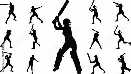 Dynamic cricket player silhouettes showcase action poses, perfect for sports enthusiasts and team spirit designs, capturing energy and athleticism