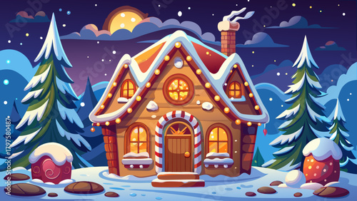 Very beautiful detailed gingerbread cottage with intricate icing patterns, warmly illuminated windows, and a tiny bear figurine inside, set amidst sparkling winter lights and soft snow, creating a coz
