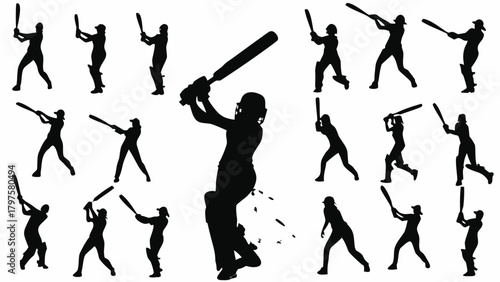 Dynamic cricket player silhouettes in action ready to hit, sporty design element created from scalable vectors for posters, banners, or team branding