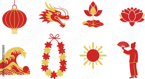 Vibrant collection of traditional Asian cultural symbols in red and gold