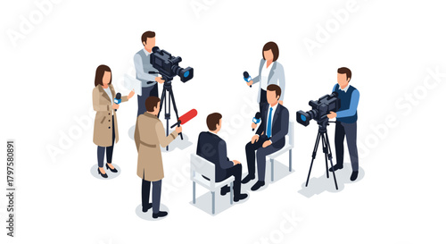 Engaging press conference scene with dynamic journalists interviewing a prominent figure, ideal for illustrating communication strategies and media relations