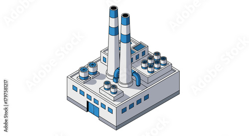 Isometric factory illustration representing industrial production, manufacturing, and modern engineering with a clean and simple design for business