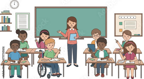 Diverse group of children learning in a bright classroom with a friendly teacher.