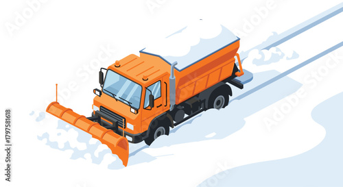 Orange snowplow clears winter roads with efficiency, making way for safe travels and a smooth commute during harsh weather conditions