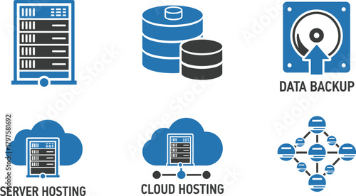 Modern technology icons representing data storage, cloud services, and network connections