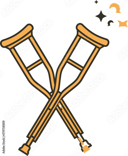 Crossed crutches symbolize recovery and overcoming injury, with sparkles suggesting hope and healing.