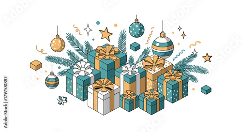 Celebrate the holidays with a cascade of elegantly wrapped presents and festive ornaments bringing joy and delight this winter season