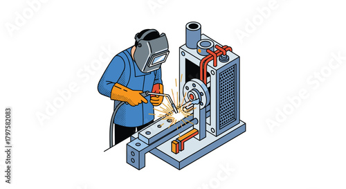 Illustrative welder expertly joining metal parts with precision in a factory, symbolizing industrial manufacturing and skilled craftsmanship
