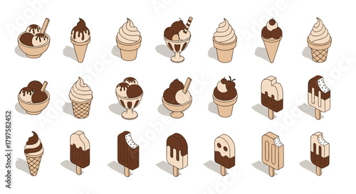 Isometric chocolate ice cream collection for fun summer desserts, perfect for menu design, restaurant promotion, and sweet treat lovers