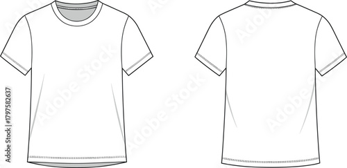 Basic crew neck t-shirt front and back, clean apparel template outline, minimalist clothing design sketch for fashion, cad drawing flat vector illustration