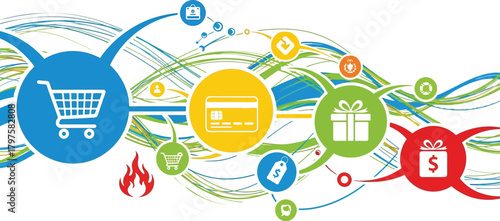 Abstract representation of online shopping, payments, and gift-giving with colorful icons.
