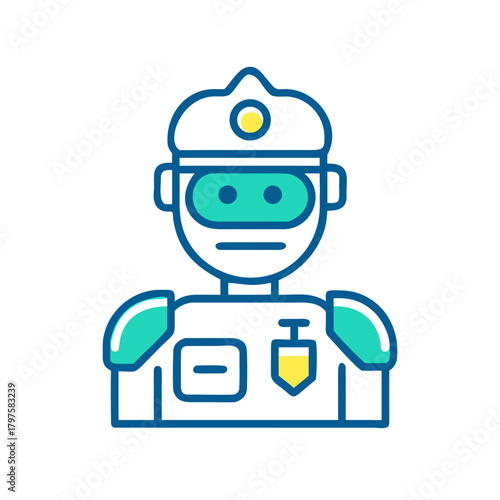 Robot security guard illustration, modern flat design, teal and blue colors, AI technology, copy space
