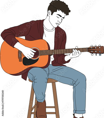 Vector outline illustration of a young man sitting on a stool and playing an acoustic guitar, symbolizing music, performance, rehearsal, artistic talent, and casual entertainment