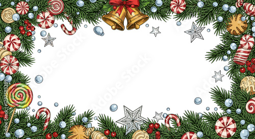 Christmas-themed border with decorations and candy on white background  